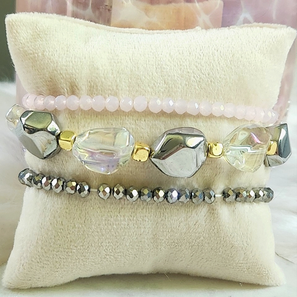 NWT Ryze Iridescent, Chrome, and Pale Pink Colored Beaded Staxx Bracelets - Picture 2 of 6